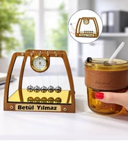 Kişiye Özel AHŞAP Newton Denge Topları & Cam Pipetli Deri Bardak Premium Hediye Seti