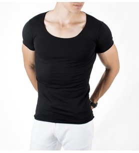 DeepSEA Siyah Geniş Yaka Likralı Tişört Oval Yaka Slim Fit Eteği Oval Açık Yaka T-shirt 1801199