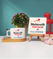 Mesajlı Matematik Öğretmeni Ahşap Altlıklı Fincan ve Dekoratif Taş Baskı Hediye Seti