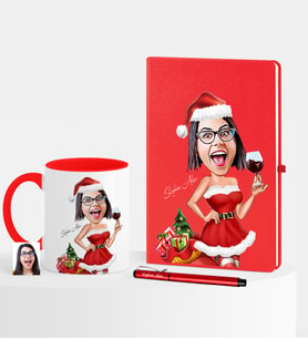 BK Gift Kişiye Özel Yılbaşı Temalı Bayan Karikatürlü Kırmızı Defter Kalem Kupa Seti - 2