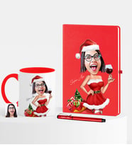 BK Gift Kişiye Özel Yılbaşı Temalı Bayan Karikatürlü Kırmızı Defter Kalem Kupa Seti - 2