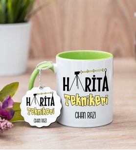 Harita Teknikeri Yeşil Kupa Bardak Ve Anahtarlık Set