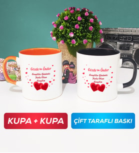 İkili Sevgiliye Sevgililer Günü Hediyesi 6 Kupa Bardak Turuncu Siyah