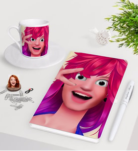 BK Gift Kişiye Özel Kadın Animasyon Karikatürlü Beyaz Defter Kalem Türk Kahvesi Fincanı Seti-10 (Model 1)