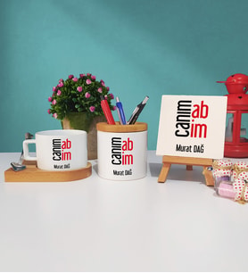 Abiye Hediye Canım Abim Tasarımlı Kişiye Özel Abi Ahşap Altlıklı Fincan Kalemlik ve Dekoratif Taş Baskı Seti