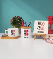 Abiye Hediye Canım Abim Tasarımlı Kişiye Özel Abi Ahşap Altlıklı Fincan Kalemlik ve Dekoratif Taş Baskı Seti