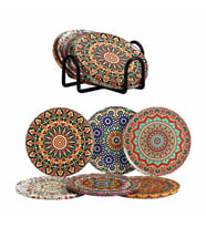 6 lı Çini Desenli (Autum) Metal Bardak Altlığı ve Metal Stand (Çok Renkli)