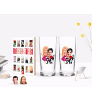 BK Gift Kişiye Özel Renkli Baskılı Sevgililer Karikatürlü İkili Rakı Bardağı ve Rakı Cep Kitabı Hediye Seti-9 (Model 1)