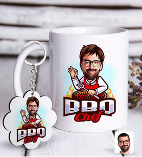 BK Gift Kişiye Özel Erkek Barbekü Chef Karikatürlü Beyaz Kupa ve Anahtarlık Hediye Seti-1 (Model 1)