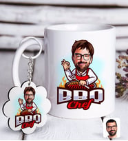 BK Gift Kişiye Özel Erkek Barbekü Chef Karikatürlü Beyaz Kupa ve Anahtarlık Hediye Seti-1 (Model 1)