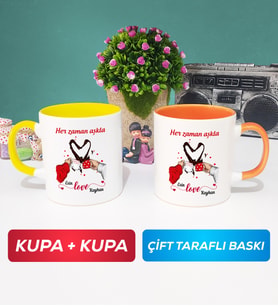 İkili Sevgiliye Sevgililer Günü Hediyesi 10 Kupa Bardak Sarı Turuncu