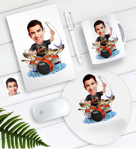 BK Gift Kişiye Özel Bay Baterist Karikatürlü Defter Kalem Kupa Mouse Pad Seti (Model 1)
