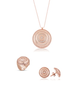 Gümüş Zirkon Taşlı Madalyon Tasarım Günlük Abiye Tasarım Set (Rose)