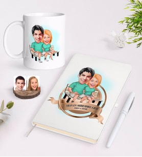 BK Gift Kişiye Özel Yılın En Mükemmel Çifti Karikatürlü Beyaz Defter Kalem ve Kupa Seti-55 (Model 1)