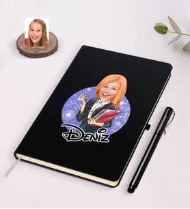 BK Gift Kişiye Özel Kadın Yönetici Karikatürlü Siyah Defter ve Kalem Hediye Seti-1