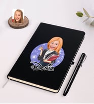 BK Gift Kişiye Özel Kadın Yönetici Karikatürlü Siyah Defter ve Kalem Hediye Seti-1