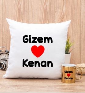 Sevgililere Özel İsim Yazılı Yastık ve Gold Kupa Bardak