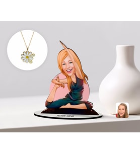 BK Gift Kişiye Özel Kadın Yoga Karikatürlü 3D Ahşap Biblo ve İsimli Tarihli Papatya Kolye Seti-2 (Model 1)