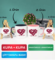 İkili Siyah Pembe Love Tasarımlı Sevgililer Günü Hediyesi Kupa Bardak Anahtarlık