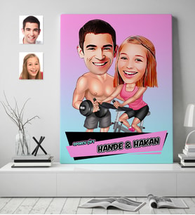 BK Gift Kişiye Özel Sporcu Çift Karikatür Kanvas Tablo 70x100cm 1
