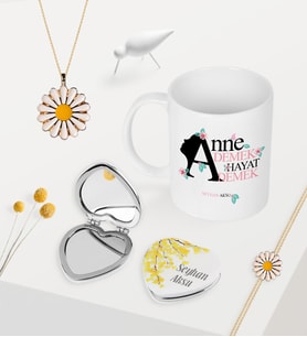 BK Gift Kişiye Özel Anne Demek Hayat Demek Kupa Kalp Ayna Papatya Kolye Bileklik Seti (Model 1)