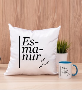 İsme Özel Heceli Kare Yastık ve Mavi Kupa Bardak