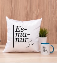 İsme Özel Heceli Kare Yastık ve Mavi Kupa Bardak
