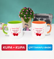 İkili Sevgiliye Sevgililer Günü Hediyesi 6 Kupa Bardak Yeşil Turuncu