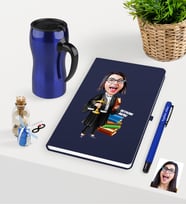 BK Gift Kişiye Özel Bayan Avukat Karikatürlü Lacivert Defter Kalem Termos Mug Seti - 2 (Model 1)