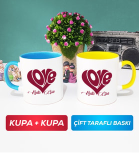 İkili Love Tasarımlı Sevgililer Günü Hediyesi Kupa Bardak Mavi Sarı