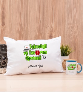 Teknoloji ve Tasarım Öğretmeni Dikdörtgen Yastık ve Mavi Kupa Bardak