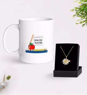 BK Gift Kişiye Özel İngilizce Öğretmeni Beyaz Kupa ve Papatya Kolye Hediye Seti-2 (Model 1)
