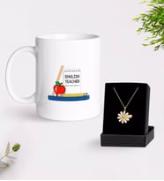 BK Gift Kişiye Özel İngilizce Öğretmeni Beyaz Kupa ve Papatya Kolye Hediye Seti-2 (Model 1)