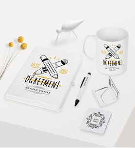 BK Gift Kişiye Özel En İyi Sınıf Öğretmeni Temalı Beyaz Defter Kalem Kupa Ayna Seti - 5