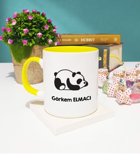 Uykucu Panda Tasarımlı Kişiye Özel Panda Kupa Bardak Sarı