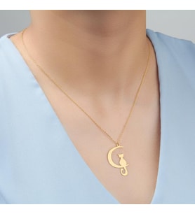 Kedi & Ay Sevgililer Günü, Anneler Günü, Doğum Günü, Yıldönümü, Hediye 925 Ayar Gümüş Kolye
