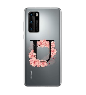 Pembe Çiçekli Harf Tasarım Süper Şeffaf Silikon Telefon Kılıfı Huawei P40 U-Harf