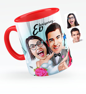 BK Gift Kişiye Özel Evleniyoruz Karikatürlü Kırmızı Kupa Bardak  9