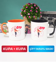 İkili Sevgiliye Sevgililer Günü Hediyesi 2 Kupa Bardak Turuncu Siyah