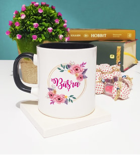 İsme Özel Çiçek Tasarımlı Kupa Bardak Siyah