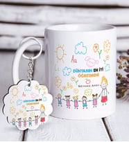 BK Gift Kişiye Özel Dünyanın En İyi Öğretmeni Beyaz Kupa ve Anahtarlık Hediye Seti-25 (Model 1)