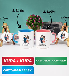 İkili Mavi Pembe Sevgiliye Hediye Bir Ömür Sevgililer Günü Hediyesi Kupa Bardak Anahtarlık Hediye Seti