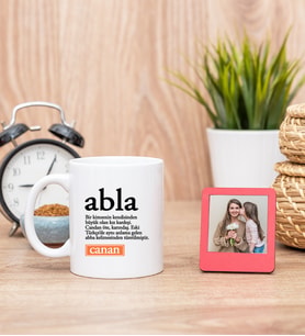 Abla Kelime Anlamı Beyaz Kupa Bardak ve Kırmızı Mini Fotoğraf Çerçevesi