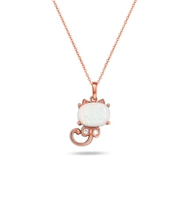 Opal Beyaz Taşlı Kedi Figürlü Gümüş Minik Kolye (Rose)