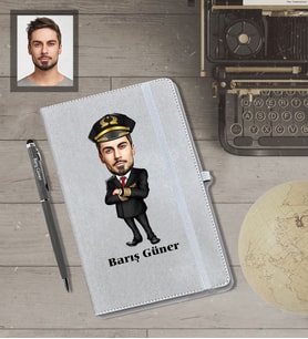 Kişiye Özel Pilot Karikatürlü Gri Defter Kalem Hediye Seti  Bay-2