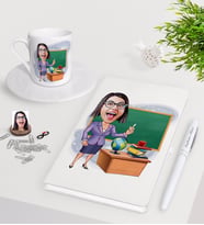 BK Gift Kişiye Özel Bayan Öğretmen Karikatürlü Beyaz Defter Kalem Türk Kahvesi Fincanı Seti-1 (Model 1)