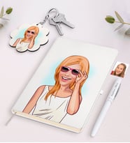 BK Gift Kişiye Özel Kadın Karikatürlü Beyaz Defter Kalem ve Anahtarlık Hediye Seti-18 (Model 1)