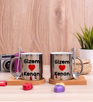 Sevgililere Özel İsim Yazılı Ahşap Altlıklı İkili Silver Kupa Bardak