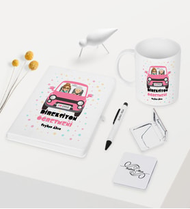 BK Gift Kişiye Özel Direksiyon Öğretmeni Temalı Beyaz Defter Kalem Kupa Ayna Seti