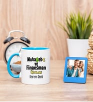 Muhasebe ve Finansman Öğretmeni Mavi Kupa Bardak ve Mavi Mini Fotoğraf Çerçevesi